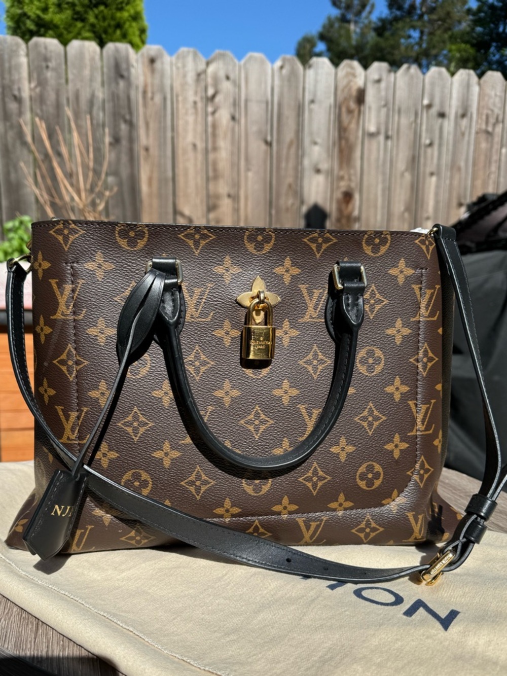 Louis Vuitton Brown Monogram Canvas Tote with Black Leather Trim and Gold Lock - Picture 1 of 5